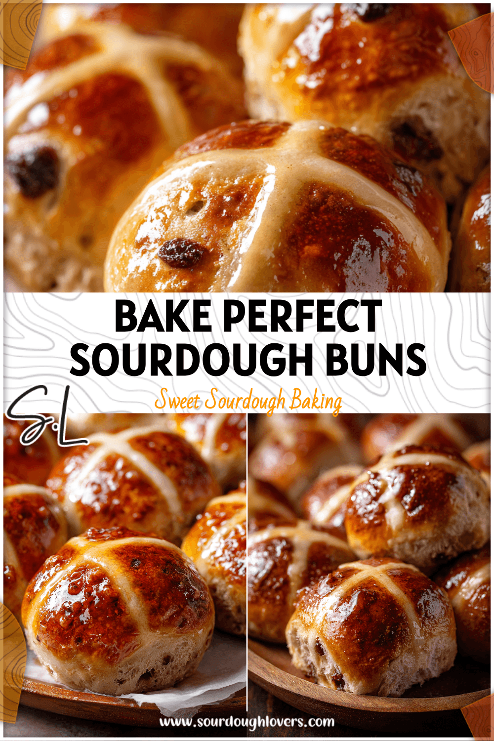 Golden sourdough hot cross buns glazed and served on a platter for Easter sourdough desserts.